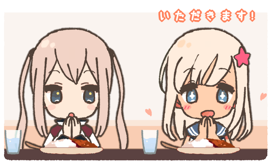 2girls :d blonde_hair blue_eyes chibi commentary_request cup curry flower food graf_zeppelin_(kantai_collection) hair_flower hair_ornament heart kantai_collection long_hair multiple_girls open_mouth ro-500_(kantai_collection) sailor_collar school_uniform serafuku smile swimsuit tan translation_request twintails uniform upper_body yoru_nai