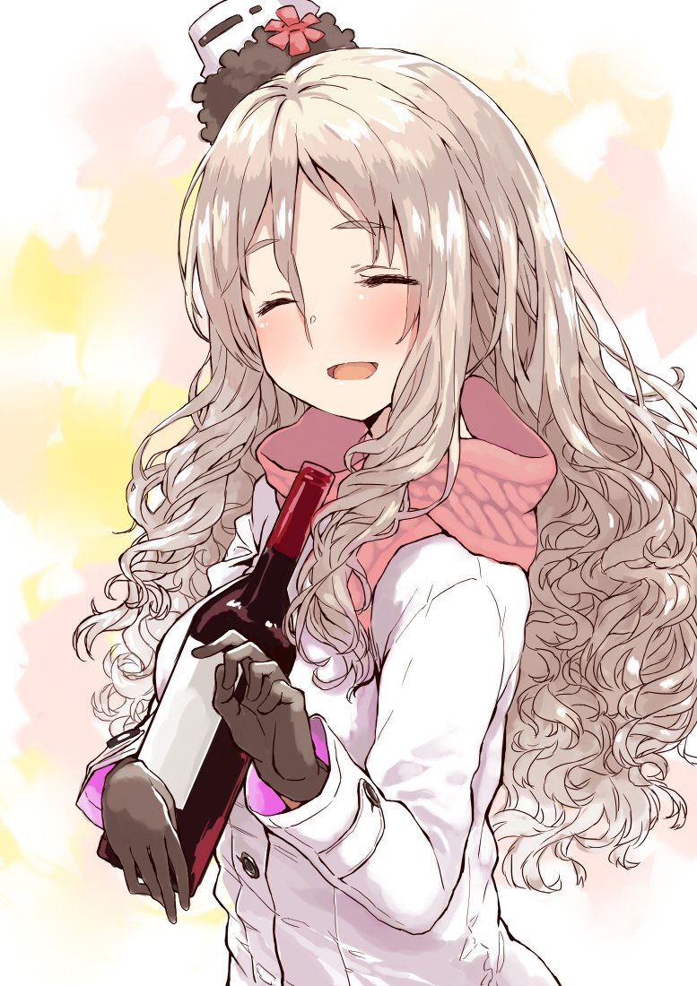 1girl :d ^_^ alternate_costume blush bottle brown_gloves brown_hair casual closed_eyes coat eyebrows_visible_through_hair gloves gradient gradient_background hair_between_eyes holding holding_bottle kantai_collection long_hair long_sleeves matsutani open_mouth pink_scarf pola_(kantai_collection) scarf smile solo very_long_hair wavy_hair white_coat wine_bottle
