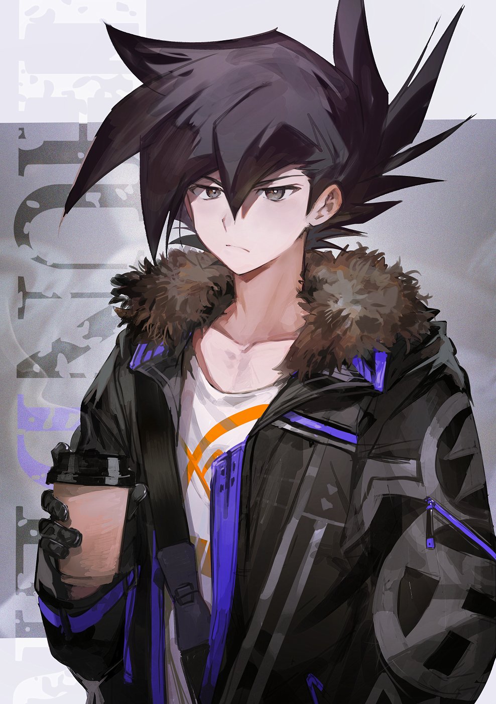 1boy alternate_costume aoki_(fumomo) background_text bangs black_eyes black_gloves black_hair black_jacket closed_mouth cup disposable_cup fur-trimmed_jacket fur_trim gloves hair_between_eyes highres holding holding_cup jacket long_sleeves male_focus manjoume_jun open_clothes open_jacket shirt simple_background solo spiky_hair upper_body yu-gi-oh! yu-gi-oh!_gx