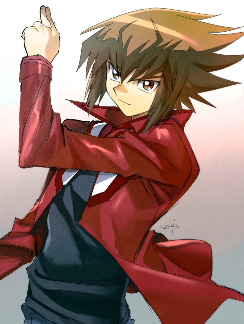 1boy 203wolves bangs black_shirt brown_eyes brown_hair closed_mouth duel_academy_uniform_(yu-gi-oh!_gx) gradient gradient_background hair_between_eyes jacket long_hair long_sleeves male_focus multicolored_hair open_clothes open_jacket red_jacket shiny shiny_hair shirt solo two-tone_hair upper_body yu-gi-oh! yu-gi-oh!_gx yuuki_juudai