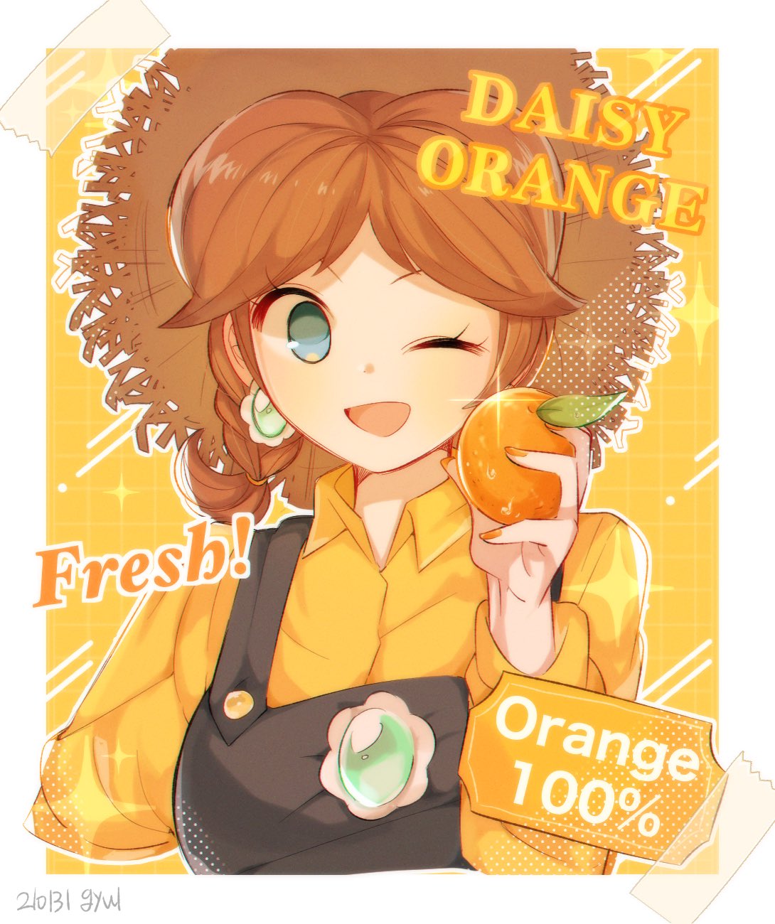 1girl ;d alternate_costume blue_eyes border brown_hair collared_shirt earrings english_text food fruit hat highres holding holding_food holding_fruit jewelry super_mario_bros. one_eye_closed open_mouth orange orange_nails oxo_xwo princess_daisy shirt smile solo straw_hat tape upper_body white_border yellow_shirt
