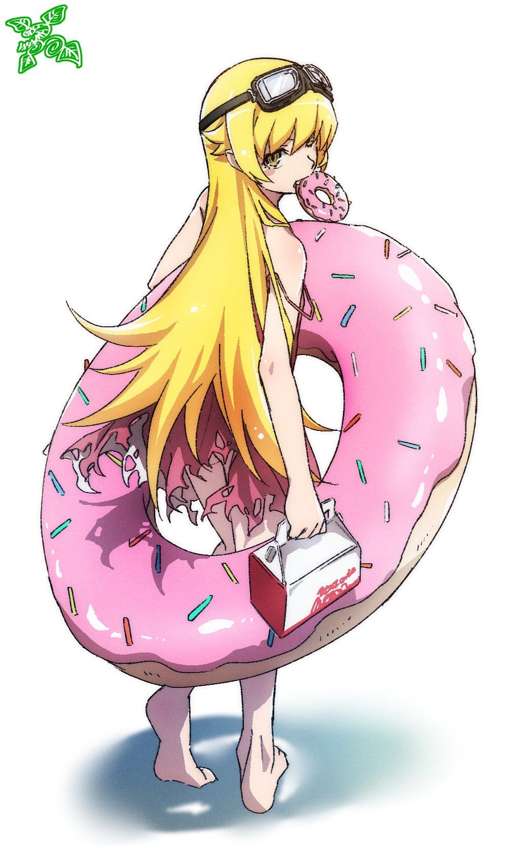 1girl barefoot blonde_hair brown_eyes doughnut dress food from_behind full_body goggles goggles_on_head highres holding innertube long_hair looking_back monogatari_(series) mouth_hold off_shoulder oshino_shinobu pink_dress pink_x shiny shiny_hair shiny_skin short_dress sleeveless sleeveless_dress soles solo standing torn_clothes torn_dress very_long_hair white_background