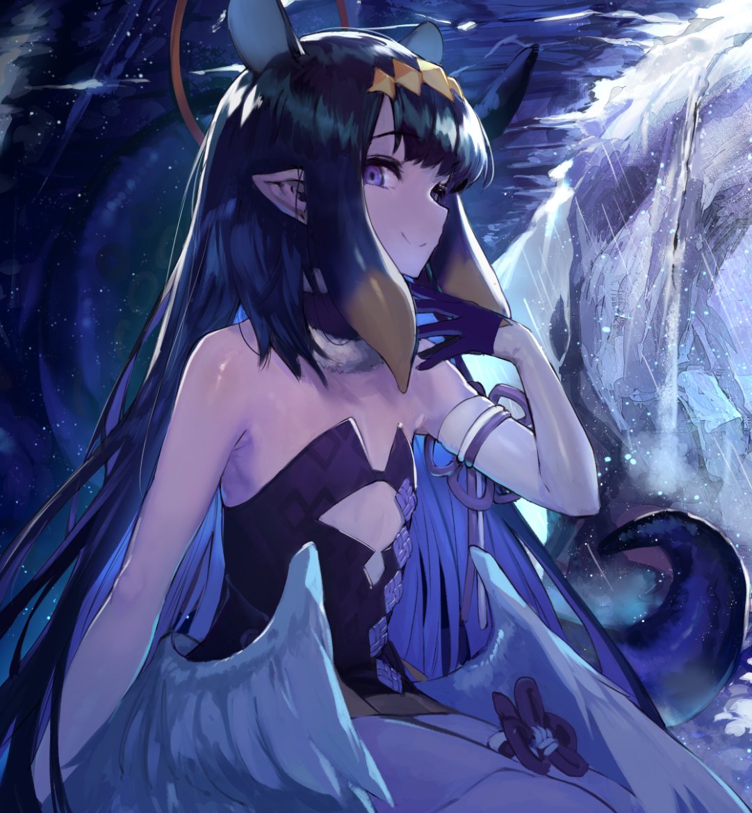 1girl akieda bangs bare_shoulders black_dress blush breasts detached_collar detached_sleeves dress fang flat_chest fur_collar halo hololive hololive_english long_hair looking_at_viewer low_wings mole mole_under_eye ninomae_ina'nis photoshop_(medium) pointy_ears purple_hair short_dress sidelocks single_detached_sleeve smile tentacle_hair tentacles violet_eyes virtual_youtuber wings
