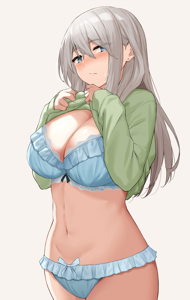 1girl blue_bra blue_eyes blue_panties blush bra breasts cccpo closed_mouth eyebrows_visible_through_hair green_shirt grey_background hair_between_eyes highres large_breasts lifted_by_self long_hair long_sleeves looking_at_viewer navel original panties shirt silver_hair simple_background solo thighs underwear