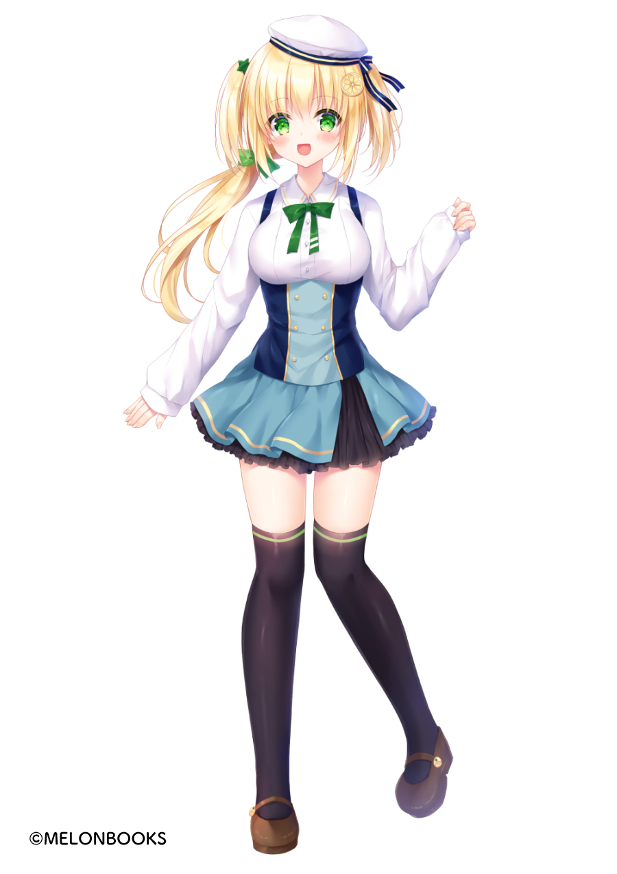 1girl :d asymmetrical_hair bangs beret black_legwear blonde_hair blue_skirt blush bow breasts brown_footwear commentary_request eyebrows_visible_through_hair full_body green_bow green_eyes hair_between_eyes hair_bow hair_ornament hat highres kohinata_hoshimi long_hair long_sleeves looking_at_viewer medium_breasts melonbooks official_art open_mouth original pinching_sleeves pleated_skirt shirt shoes simple_background skirt sleeves_past_wrists smile solo standing standing_on_one_leg star_(symbol) star_hair_ornament thigh-highs tilted_headwear twintails very_long_hair white_background white_headwear white_shirt