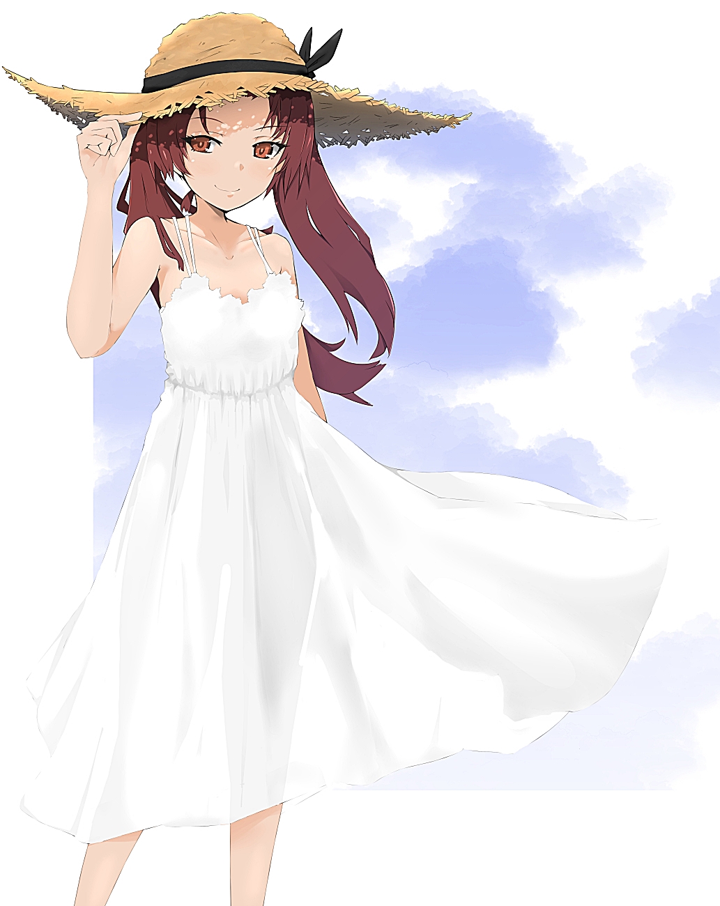 1girl adjusting_clothes adjusting_headwear black_ribbon blue_sky border brown_eyes brown_hair brown_headwear casual closed_mouth clouds cloudy_sky commentary day dress girls_und_panzer hat hat_ribbon highres kadotani_anzu long_hair looking_at_viewer medium_dress ngc20701 outdoors ribbon sky smile solo spaghetti_strap standing straw_hat sun_hat sundress twintails white_border white_dress wind