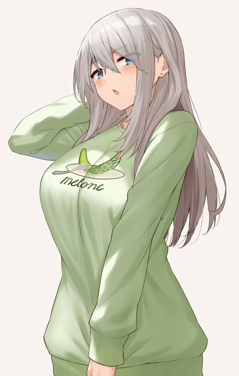 1girl arm_behind_head blue_eyes blush breasts cccpo clothes_writing eyebrows_visible_through_hair green_shirt grey_background hair_between_eyes highres large_breasts long_hair long_sleeves looking_at_viewer open_mouth original shirt silver_hair simple_background solo