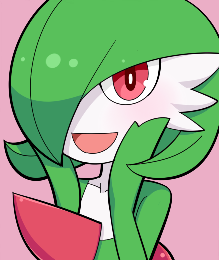 :d blush colored_skin commentary_request gardevoir gen_3_pokemon green_hair green_skin hair_over_one_eye hands_on_own_cheeks hands_on_own_face hands_up happy hospital_king looking_at_viewer multicolored multicolored_skin open_mouth pink_background pokemon pokemon_(creature) red_eyes short_hair simple_background smile solo two-tone_skin upper_body white_skin