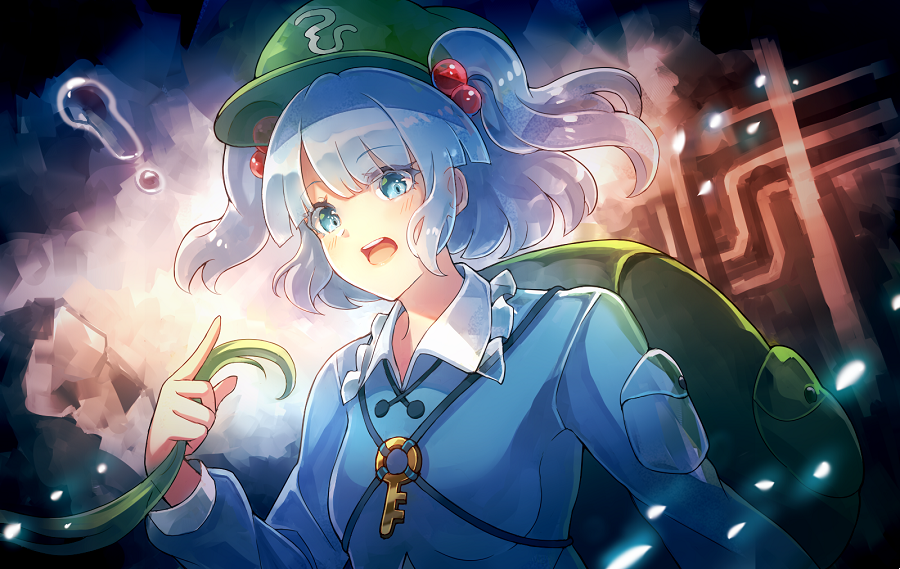 1girl 60mai :d backpack bag bangs blue_eyes blue_hair blue_shirt blunt_bangs breasts cabbie_hat commentary_request eyebrows_visible_through_hair eyes_visible_through_hair green_bag green_headwear hair_bobbles hair_ornament hat holding kawashiro_nitori key light_blush long_sleeves looking_at_viewer open_mouth pocket seaweed shirt short_hair sidelocks small_breasts smile solo touhou two_side_up upper_body