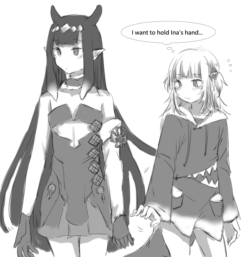 2girls aoi_(aoisaka) bangs blunt_bangs english_text expressionless eyebrows_visible_through_hair gawr_gura greyscale hololive hololive_english hood hoodie long_hair looking_to_the_side mole mole_under_eye monochrome multicolored_hair multiple_girls ninomae_ina'nis open_hand pointy_ears reaching_out streaked_hair tentacle_hair thought_bubble two_side_up very_long_hair virtual_youtuber wings yuri