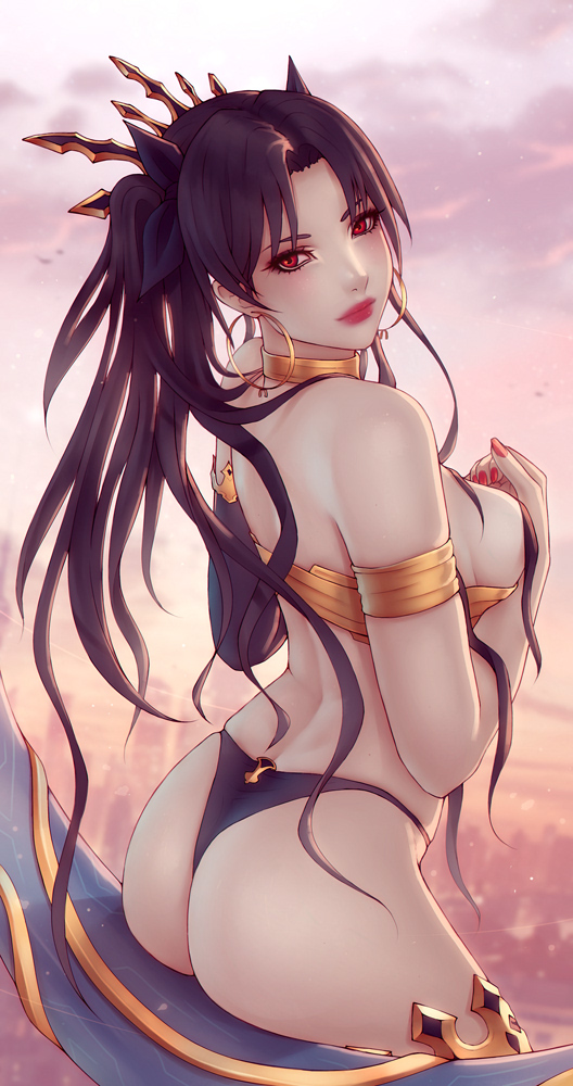 1girl ass bangs black_hair blurry blurry_background breasts earrings elbow_gloves fate_(series) gloves hoop_earrings ishtar_(fate) ishtar_(fate)_(all) jewelry lips looking_at_viewer looking_back medium_breasts neck_ring parted_bangs red_eyes single_elbow_glove solo soranamae two_side_up