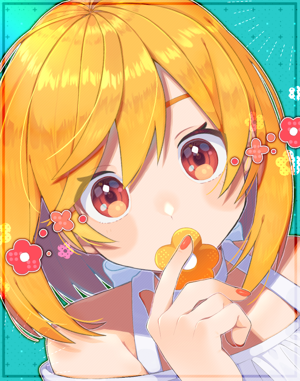 1girl aqua_background bangs bare_shoulders blush brown_eyes covered_mouth flower hand_up highres looking_at_viewer medium_hair orange_flower orange_hair orange_nails original portrait red_flower sakuhana87 shadow solo