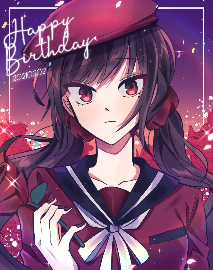 1girl bangs black_hair bow brown_hair collarbone commentary_request dangan_ronpa_(series) dangan_ronpa_v3:_killing_harmony dated eyebrows_visible_through_hair floral_print flower frown gradient gradient_background hair_ornament hand_up happy_birthday harukawa_maki holding holding_flower long_hair looking_at_viewer mole mole_under_eye papu_(papu1006) red_eyes red_flower red_headwear red_nails red_rose red_scrunchie rose school_uniform scrunchie serafuku shirt skirt solo sparkle twintails upper_body