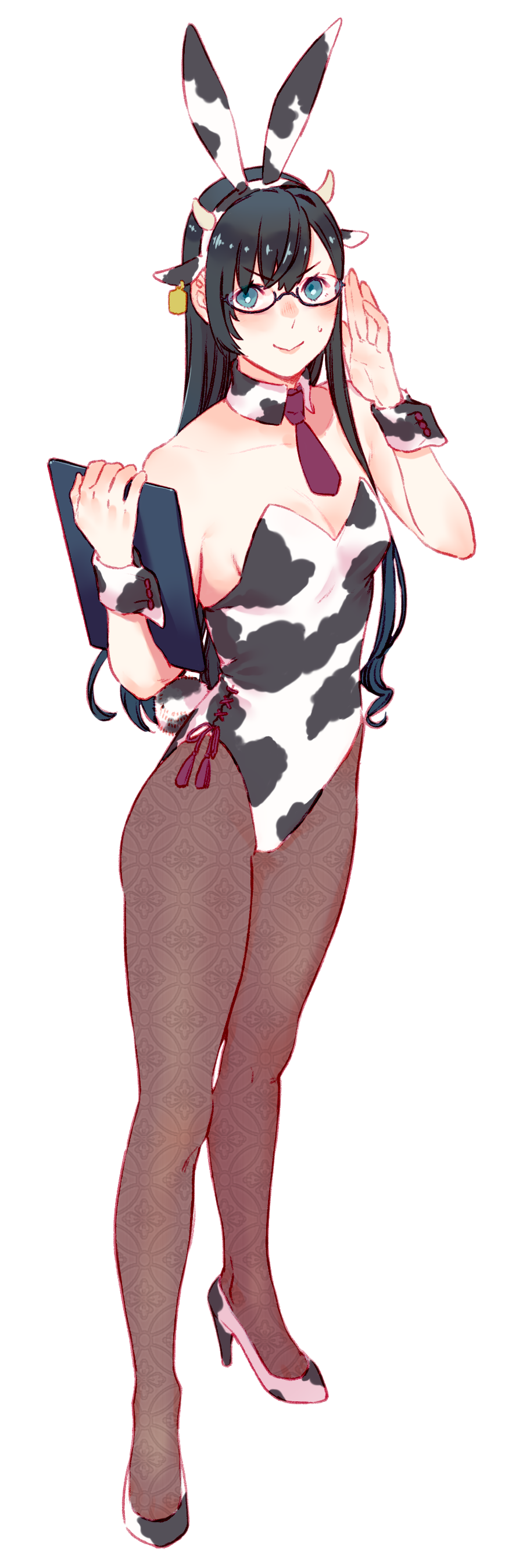 1girl absurdres animal_ears animal_print aqua_eyes black_hair black_legwear breasts bunny_tail clipboard cow_ears cow_horns cow_print detached_collar extra_ears eyebrows_visible_through_hair fake_animal_ears full_body glasses hand_up high_heels highres horns kantai_collection leotard long_hair looking_at_viewer necktie ooyodo_(kantai_collection) pantyhose playboy_bunny rabbit_ears red_neckwear semi-rimless_eyewear simple_background small_breasts smile solo strapless strapless_leotard tail under-rim_eyewear uyama_hajime white_background wrist_cuffs