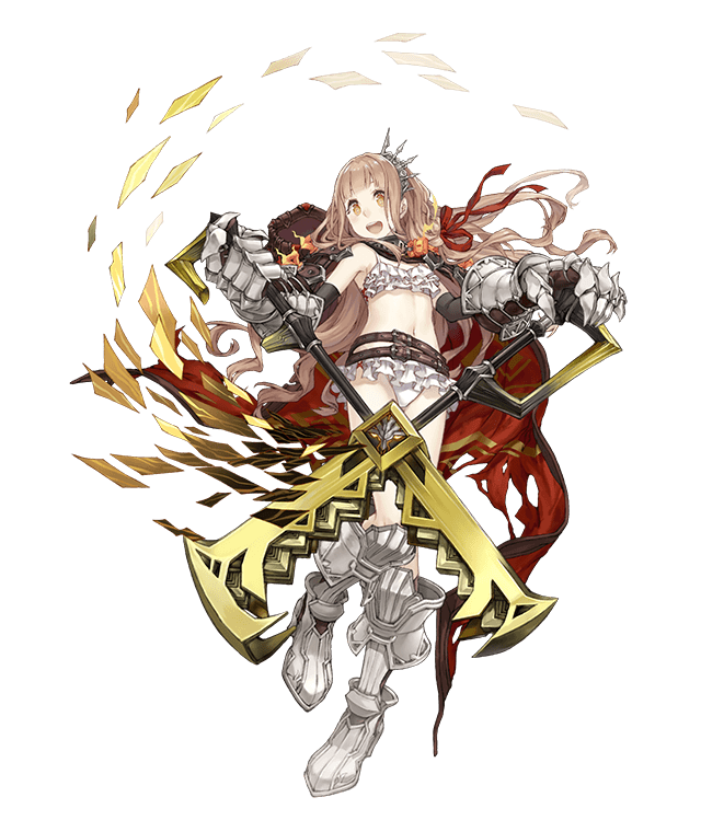 1girl :d armored_boots belt blonde_hair boots cape eyebrows_visible_through_hair frilled_swimsuit frills full_body gauntlets hair_ribbon ji_no little_red_riding_hood_(sinoalice) long_hair looking_at_viewer navel official_art open_mouth orange_eyes ribbon scissors sinoalice smile solo swimsuit torn_cape torn_clothes transparent_background upper_teeth