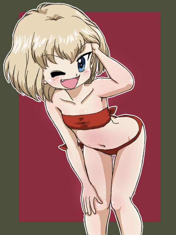 1girl ;d bangs bare_shoulders bikini blonde_hair blue_eyes bob_cut border commentary fang flat_chest girls_und_panzer green_border hand_in_hair hand_on_own_knee katyusha_(girls_und_panzer) leaning_forward looking_at_viewer navel one_eye_closed open_mouth outline outside_border red_background red_bikini short_hair smile solo standing strapless strapless_bikini swimsuit takahashi_kurage textless thigh_gap white_outline