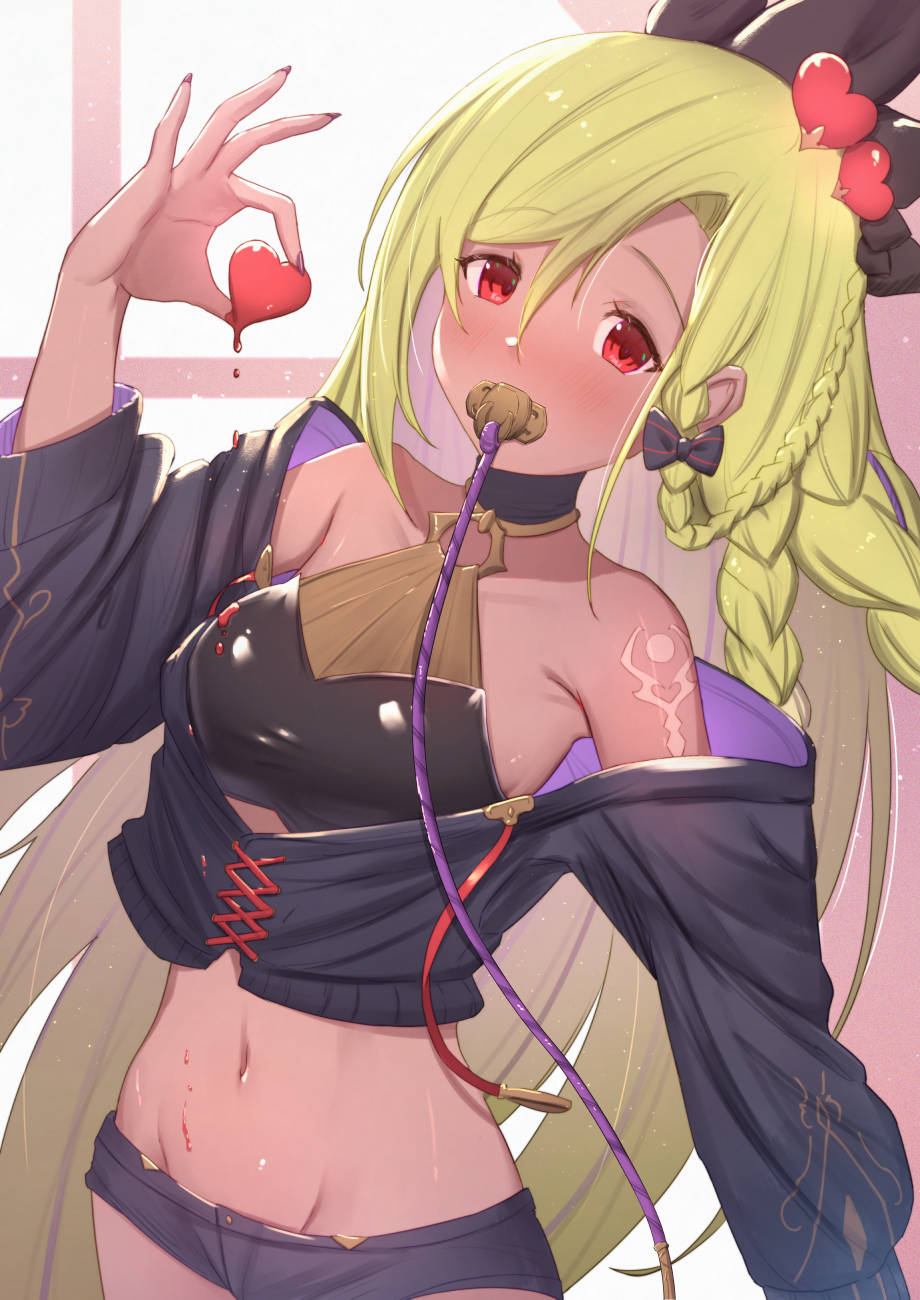 1girl bare_shoulders black_jacket black_shirt black_shorts blonde_hair blush braid collarbone commentary_request crop_top dark-skinned_female dark_skin fingernails granblue_fantasy groin hair_between_eyes hair_ornament hand_up heart heart_hair_ornament helel_ben_shalem highres holding jacket long_fingernails long_hair long_sleeves looking_at_viewer nail_polish navel off_shoulder pacifier parted_bangs purple_nails red_eyes sharp_fingernails shirt short_shorts shorts solo uneg very_long_hair window