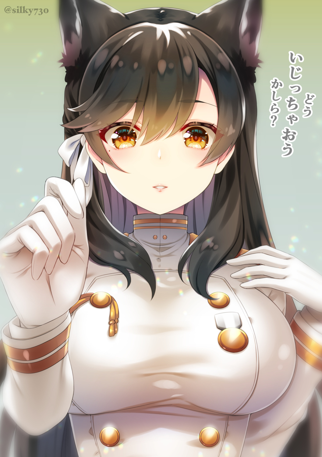 1girl animal_ears atago_(azur_lane) azur_lane brown_eyes brown_hair eyebrows_visible_through_hair gloves hair_between_eyes highres impossible_clothes long_hair looking_at_viewer ribbon silky_(silky_alice) solo translation_request uniform white_gloves white_ribbon