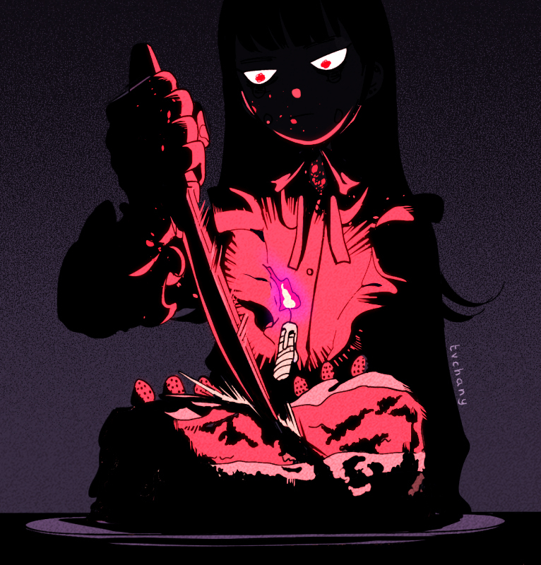 1girl birthday_cake cake candle commentary dark fire food fruit holding holding_knife knife limited_palette myon_(tokipi) original purple_fire red_eyes signature solo stab strawberry upper_body