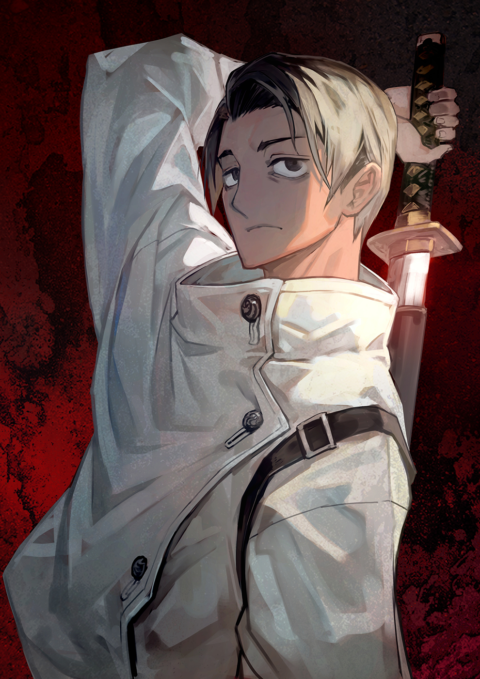 1boy arm_up black_eyes black_hair closed_mouth frown high_collar highres holding holding_sword holding_weapon jacket jujutsu_kaisen katana lack long_sleeves looking_at_viewer male_focus okkotsu_yuuta red_background school_uniform sheath short_hair solo sword upper_body weapon white_jacket