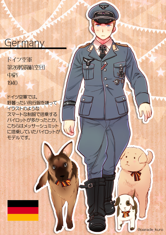 1boy animal axis_powers_hetalia bangs black_footwear blonde_hair blue_eyes blue_headwear blue_jacket blue_pants boots character_name closed_mouth dog german_flag germany_(hetalia) hat himaruya_hidekazu_(style) iron_cross jacket kuro long_sleeves male_focus medal military military_uniform necktie pants pocket ribbon translation_request twitter_username uniform walking