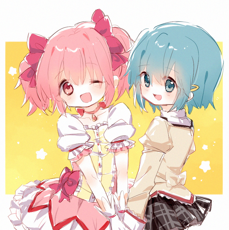 2girls :d ;d arms_at_sides black_skirt blue_eyes blue_hair bubble_skirt choker collarbone eyebrows_visible_through_hair flat_chest frilled_skirt frilled_sleeves frills gloves hair_ornament hair_ribbon hairclip happy high_collar holding_hands juliet_sleeves kaname_madoka long_sleeves looking_at_viewer looking_back mahou_shoujo_madoka_magica miki_sayaka multiple_girls no_nose one_eye_closed open_mouth orange_background pink_hair pink_ribbon plaid plaid_skirt pleated_skirt puffy_short_sleeves puffy_sleeves ribbon shiny shiny_hair short_hair short_sleeves simple_background skirt smile soul_gem star_(symbol) starry_background tareme twintails upper_body v_arms white_gloves white_skirt xixizi_kiko