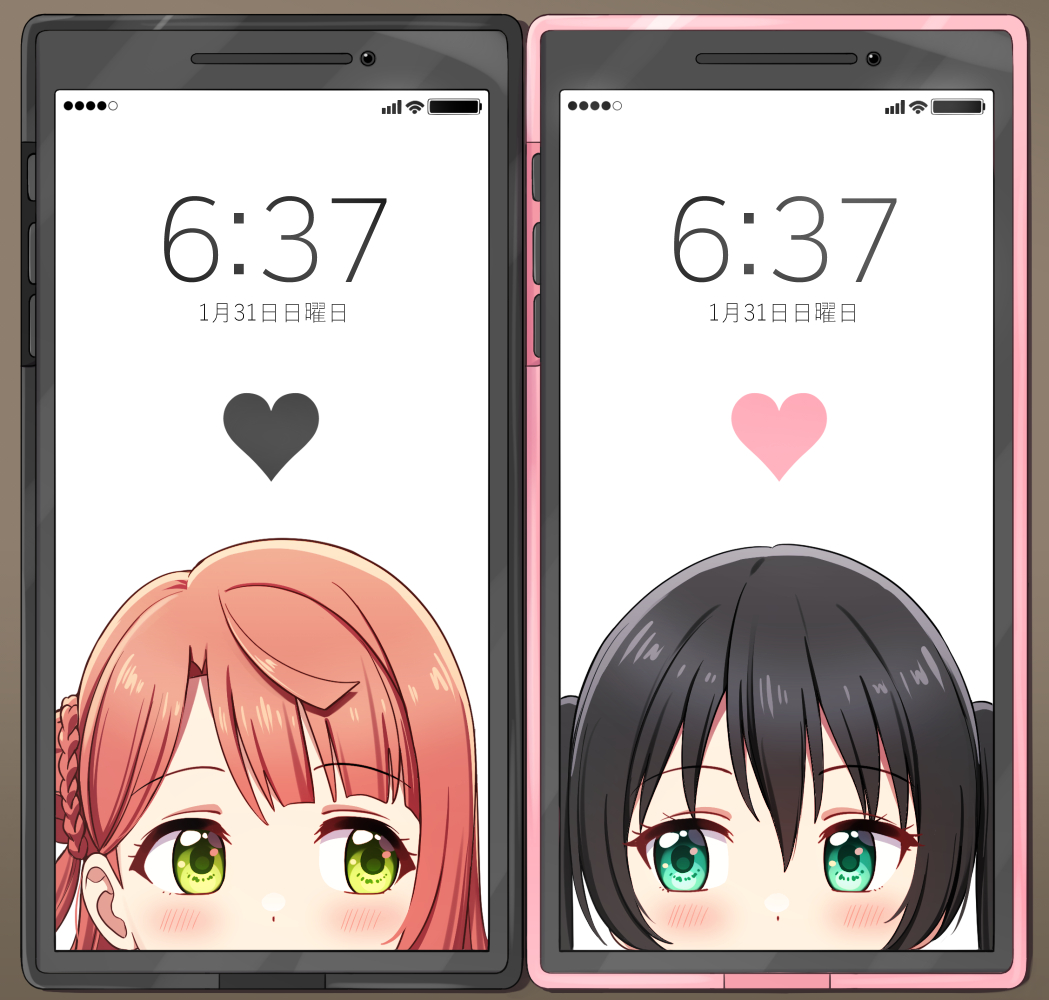 2girls bangs black_hair blush braid cellphone cellphone_picture commentary deadnooodles green_eyes heart iphone looking_at_another looking_at_viewer love_live! love_live!_nijigasaki_high_school_idol_club multiple_girls phone phone_screen screen shiny shiny_hair short_hair sideways_glance smartphone symbol_commentary takasaki_yuu translation_request uehara_ayumu white_background