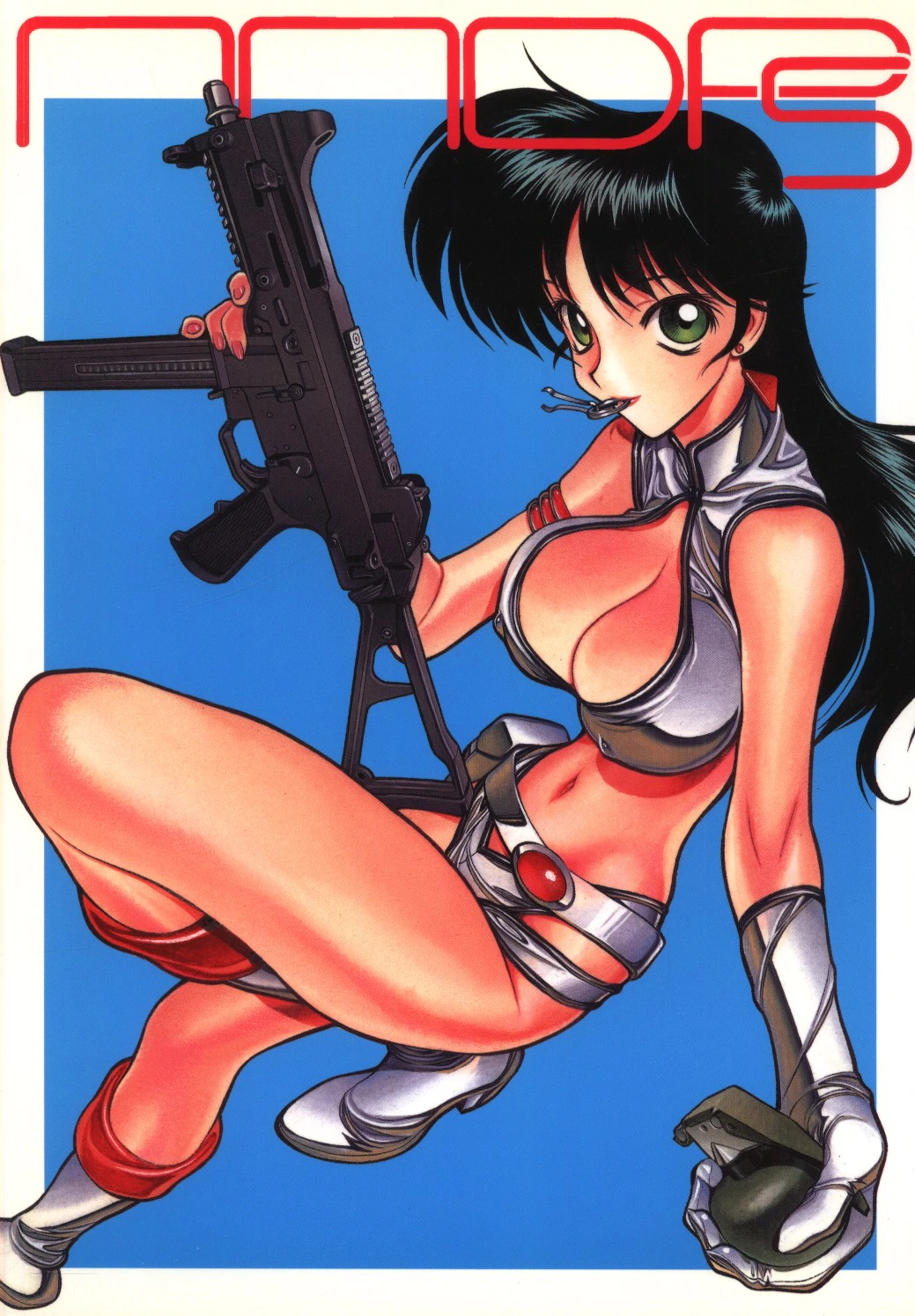 arm_strap bangs black_hair boots breasts cover cover_page dirty_pair earrings explosive gloves grenade grenade_pin gun highres holding holding_grenade holding_gun holding_weapon holster jewelry large_breasts long_hair mouth_hold navel scan shimizu_kiyoshi stud_earrings weapon yuri_(dirty_pair)