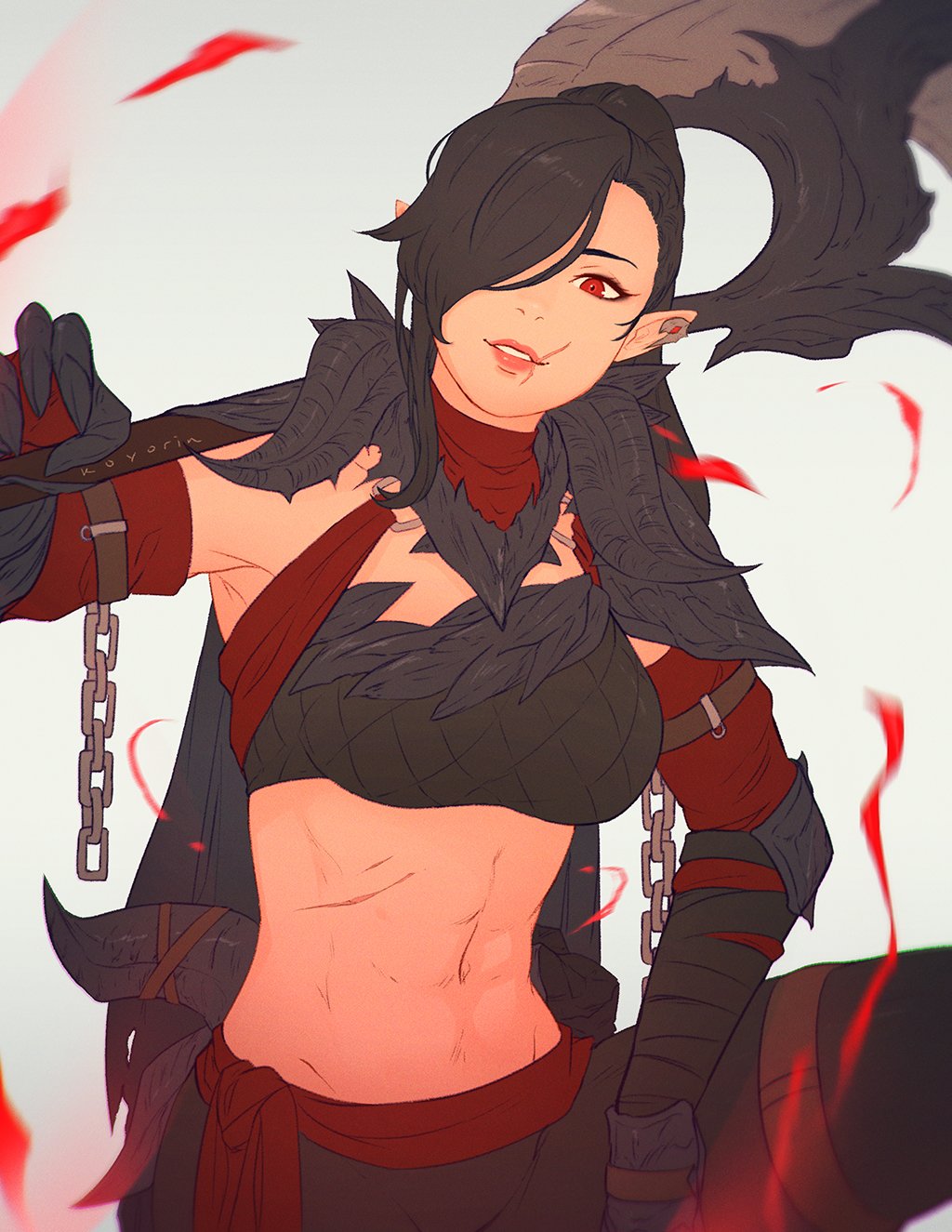 1girl axe black_hair breasts elbow_gloves elezen elf final_fantasy final_fantasy_xiv gloves hair_over_one_eye highres hilda_ware hybrid hyur koyorin lips long_hair looking_at_viewer medium_breasts midriff navel over_shoulder pointy_ears ponytail red_eyes scar scar_on_face solo warrior_(final_fantasy) weapon weapon_over_shoulder