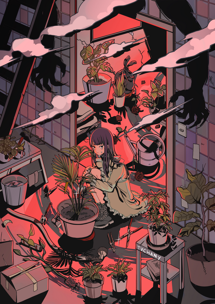 1girl axe bangs black_hair box crack doorway glint knees_up ladder leaf long_hair myon_(tokipi) original plant potted_plant shears signature sitting solo tears trowel watering_can wide_shot