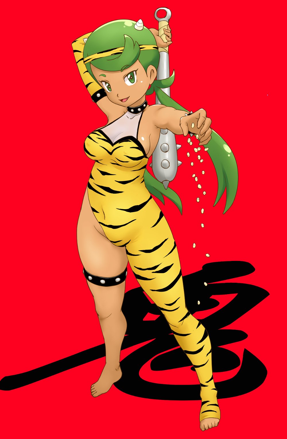 1girl alternate_costume animal_print barefoot breasts club commentary_request covered_navel dark_skin dark-skinned_female full_body green_eyes green_hair highres holding holding_weapon horns kanabou long_hair looking_at_viewer mallow_(pokemon) medium_breasts open_mouth pokemon pokemon_(game) pokemon_sm red_background rice simple_background smile solo standing tiger_print tof twintails weapon