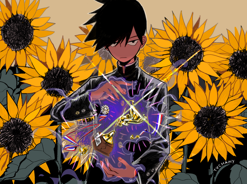 1boy black_eyes black_hair black_jacket flower gakuran hands_up jacket kageyama_ritsu leaf long_sleeves mob_psycho_100 myon_(tokipi) no_nose school_uniform short_hair signature solo sunflower telekinesis trophy upper_body yellow_flower