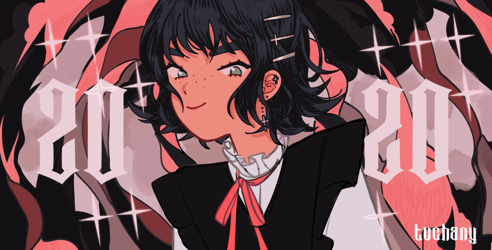 1girl 2020 artist_name black_hair cross cross_earrings ear_piercing earrings freckles green_eyes hair_ornament hairclip jewelry looking_at_viewer myon_(tokipi) original piercing red_neckwear red_ribbon ribbon shirt short_hair smile solo sparkle upper_body white_shirt