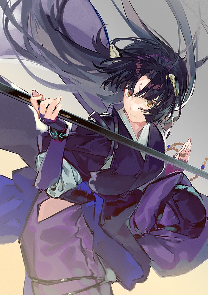 1girl animal_ears arknights bangs black_hair bracelet brown_eyes dog_ears dog_girl elbow_gloves facial_mark fingerless_gloves forehead_mark gloves gradient gradient_background grey_background hip_vent holding holding_weapon japanese_clothes jewelry kimono knee_pads leg_up long_hair looking_away looking_to_the_side naginata parted_bangs polearm purple_gloves purple_kimono qiqu saga_(arknights) solo very_long_hair weapon yellow_background
