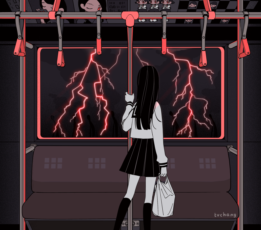 1girl artist_name bag black_hair black_legwear black_skirt facing_away from_behind hand_grip lightning limited_palette long_hair long_sleeves myon_(tokipi) original pleated_skirt shirt signature skirt socks solo standing train_interior white_shirt wide_shot