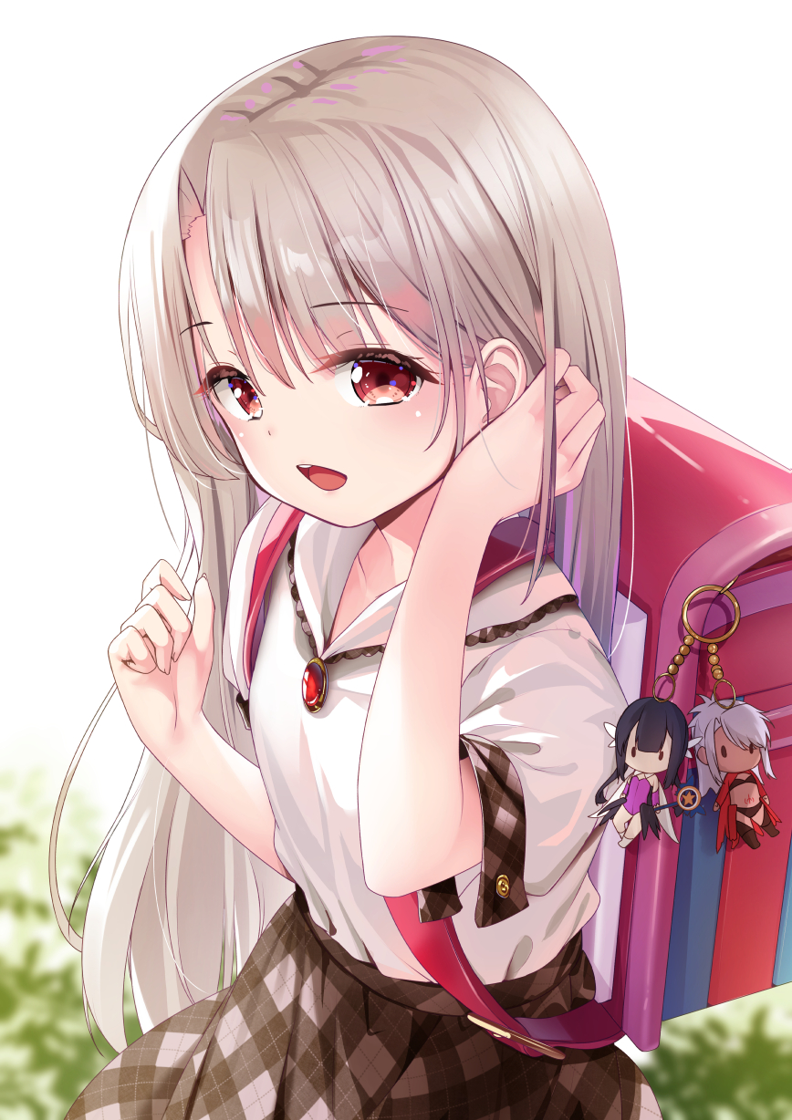 1girl backpack bag bag_charm bangs blush breasts character_doll charm_(object) chloe_von_einzbern collarbone collared_shirt cowboy_shot fate/kaleid_liner_prisma_illya fate_(series) hair_tucking highres illyasviel_von_einzbern jewelry long_hair long_sleeves looking_at_viewer miyu_edelfelt open_mouth plaid plaid_skirt pleated_skirt randoseru red_eyes red_ribbon revision ribbon school_uniform shiny shiny_hair shirt skirt small_breasts smile solo striped white_hair white_shirt yan_(nicknikg)