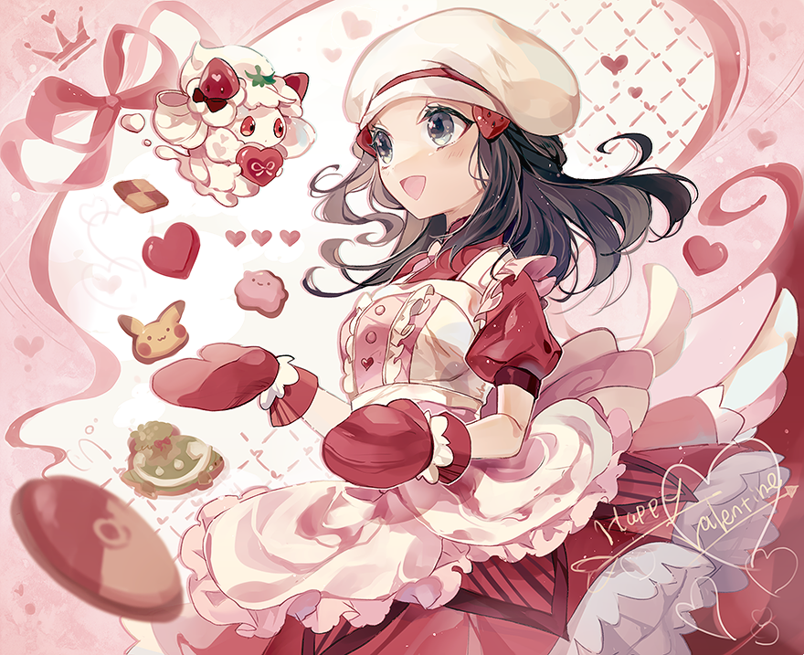 1girl :d alcremie alcremie_(strawberry_sweet) apron black_hair blush coco7 commentary_request hikari_(pokemon) ditto dress eyelashes frills gen_1_pokemon gen_8_pokemon grey_eyes hair_ornament hairclip hat heart holding long_hair open_mouth oven_mitts pikachu pink_ribbon pokemon pokemon_(creature) pokemon_(game) pokemon_masters_ex red_dress red_mittens ribbon short_sleeves smile tongue valentine
