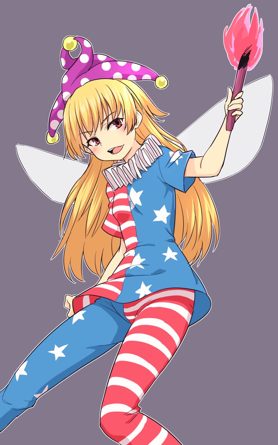1girl american_flag american_flag_legwear american_flag_shirt bangs blonde_hair breasts clownpiece eyebrows_visible_through_hair fairy_wings feet_out_of_frame frilled_shirt_collar frills grey_background hat highres holding holding_torch jester_cap kakone long_hair neck_ruff open_mouth polka_dot polka_dot_headwear purple_headwear red_eyes shirt short_sleeves simple_background small_breasts smile solo star_(symbol) star_print striped striped_legwear striped_shirt torch touhou wings