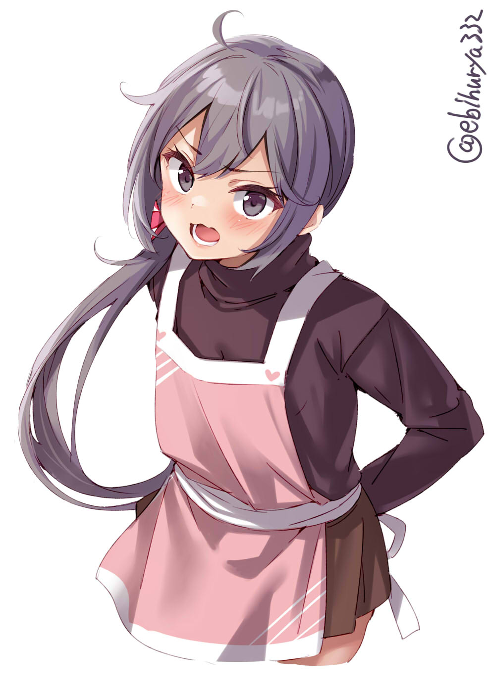 1girl akebono_(kantai_collection) apron blush brown_shirt brown_skirt cropped_legs ebifurya eyebrows_visible_through_hair flower hair_between_eyes hair_flower hair_ornament highres kantai_collection long_hair long_sleeves pink_apron pink_flower pleated_skirt purple_hair shirt side_ponytail simple_background skirt solo twitter_username violet_eyes white_background