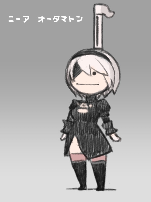 1girl :| black_blindfold black_dress black_hairband blindfold boots chibi cleavage_cutout closed_mouth clothing_cutout dress gradient gradient_background hairband juliet_sleeves long_sleeves nier_(series) nier_automata otamatone puffy_sleeves pun shigatake short_hair solo thigh-highs thigh_boots translated white_hair yorha_no._2_type_b |_|