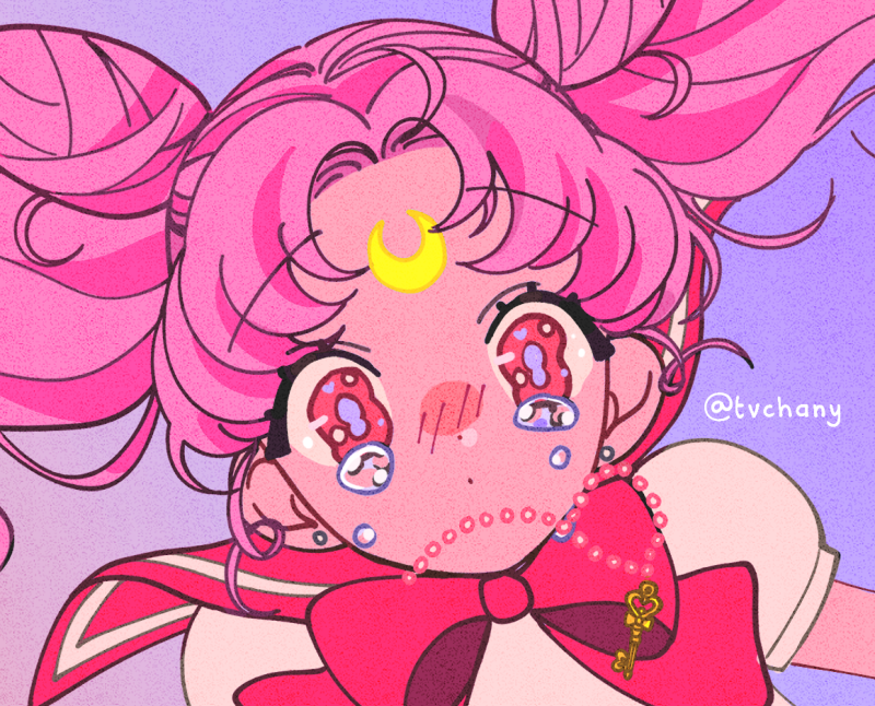 1girl bangs bishoujo_senshi_sailor_moon blush chibi_usa crescent earrings eyebrows_visible_through_hair facial_mark forehead_mark gradient gradient_background jewelry lavender_background long_hair looking_at_viewer myon_(tokipi) necklace parted_bangs pink_eyes pink_hair pink_sailor_collar portrait puffy_short_sleeves puffy_sleeves sailor_collar shirt short_sleeves solo tears twintails twitter_username white_shirt