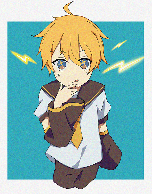 +_+ 1boy ahoge blonde_hair blue_eyes detached_sleeves electricity hand_on_own_chin kagamine_len lightning_bolt necktie sailor_collar shorts sketch solo star-shaped_pupils star_(symbol) symbol-shaped_pupils tongue tongue_out vocaloid zimoow
