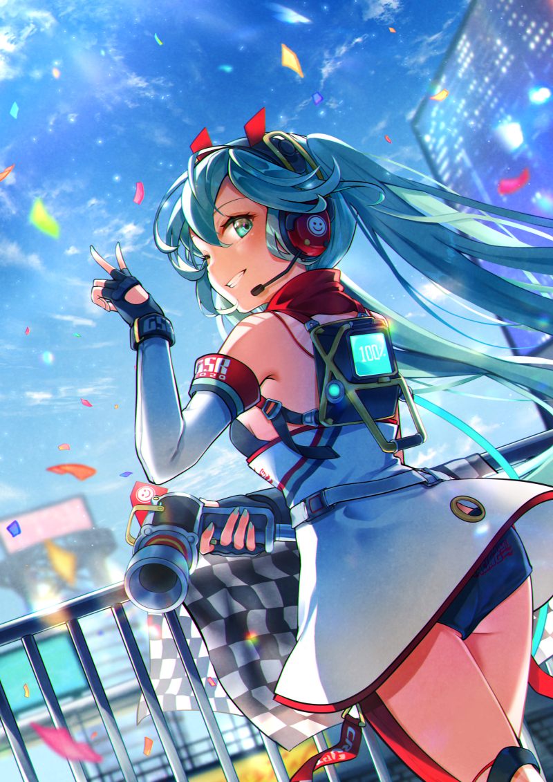 1girl aqua_eyes aqua_hair bare_shoulders black_gloves blurry blurry_background building cable checkered checkered_flag commentary confetti cowboy_shot day detached_sleeves dress fingerless_gloves flag from_behind gloves goodsmile_racing grin hand_up hatsune_miku headphones headset holding holding_wrench impact_wrench kyashii_(a3yu9mi) logo long_hair looking_at_viewer looking_back one_eye_closed outdoors racing_miku racing_miku_(2020) sleeveless sleeveless_dress smile smiley_face solo strapless strapless_dress twintails v very_long_hair vocaloid white_dress white_sleeves wrench