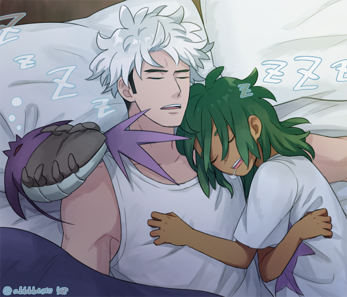 2boys bare_arms black_hair closed_eyes collarbone commentary_request dark_skin dark_skinned_male drooling gen_7_pokemon green_hair grey_hair guzma_(pokemon) hau_(pokemon) head_on_pillow lying male_focus multicolored_hair multiple_boys on_back open_mouth pillow pokemon pokemon_(creature) pokemon_(game) pokemon_sm saliva sewenan shirt short_sleeves sleeping t-shirt tank_top teeth tongue two-tone_hair under_covers wimpod zzz