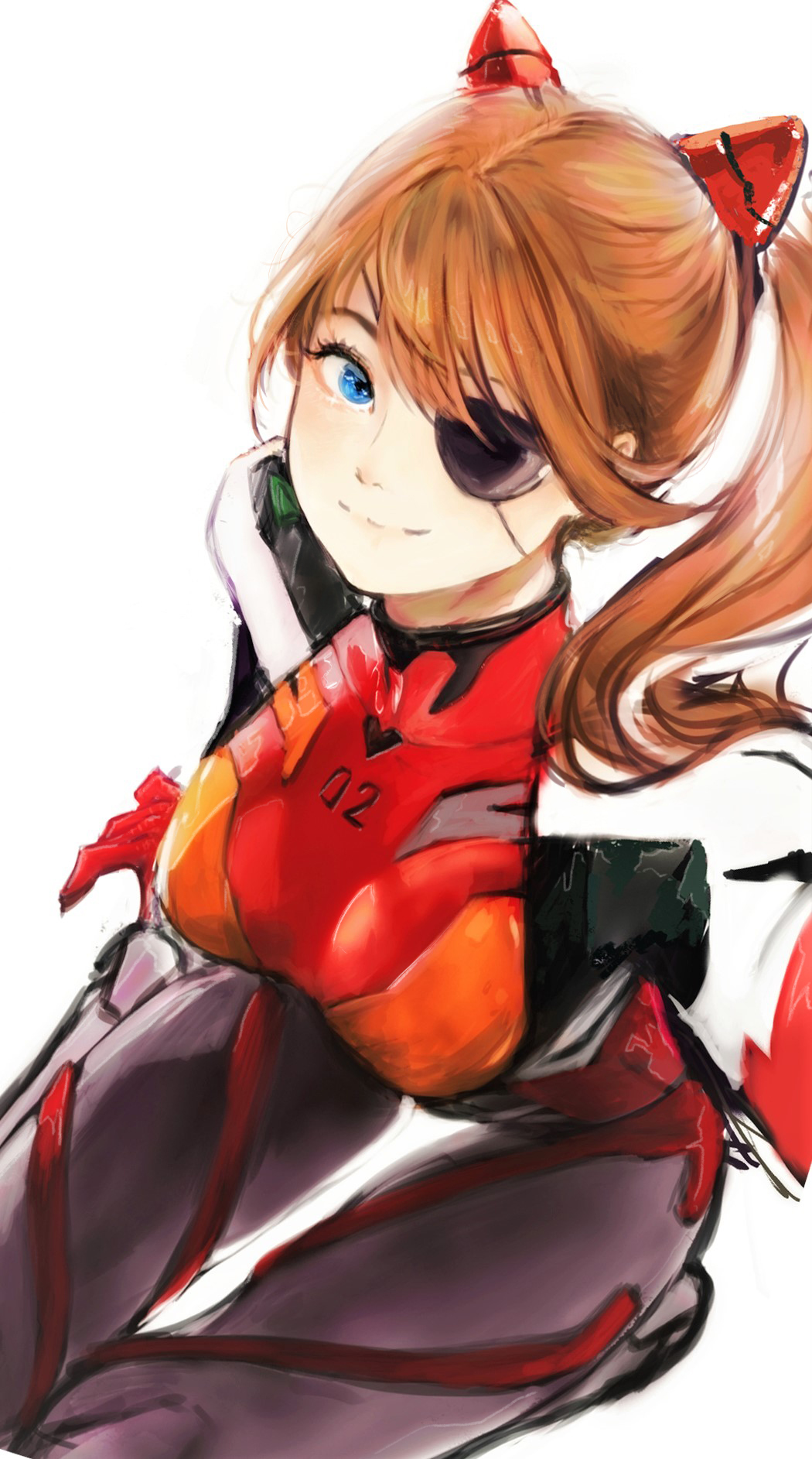 1girl azelweien blue_eyes bodysuit breasts brown_hair commentary english_commentary evangelion:_3.0_you_can_(not)_redo eyepatch hair_ornament highres jacket medium_breasts neon_genesis_evangelion one_eye_covered pilot_suit plugsuit rebuild_of_evangelion shikinami_asuka_langley sketch skin_tight smile solo souryuu_asuka_langley traditional_media two_side_up white_background
