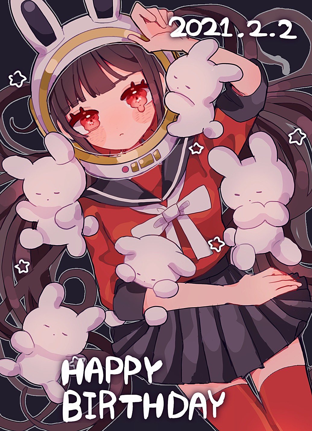 1girl ameko53133 animal_ears arm_up bangs black_skirt blunt_bangs blush brown_hair commentary_request dangan_ronpa_(series) dangan_ronpa_v3:_killing_harmony dated fake_animal_ears hair_ornament hair_scrunchie happy_birthday harukawa_maki highres long_hair looking_at_viewer miniskirt paws pleated_skirt rabbit red_eyes red_legwear red_scrunchie red_shirt sailor_collar school_uniform scrunchie shirt skirt solo space_helmet thigh-highs twintails zettai_ryouiki