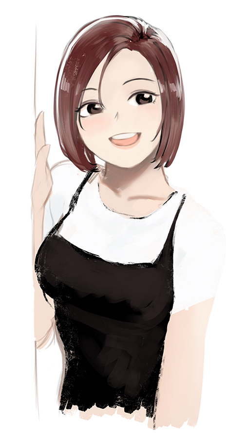 1girl agent_aika aika_(series) alternate_costume ayumi_(agent_aika) azelweien black_delmo breasts brown_eyes camisole collarbone cropped_torso hand_up looking_at_viewer open_mouth redhead shirt short_hair sketch smile traditional_media upper_teeth white_shirt