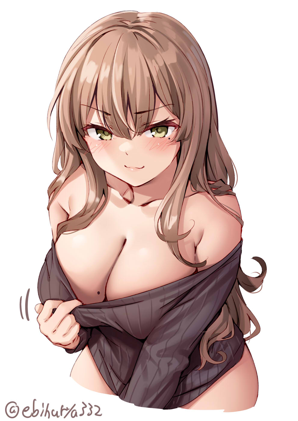 1girl bare_shoulders breasts clothes_pull collarbone cropped_arms cropped_legs dress ebifurya eyebrows_visible_through_hair green_eyes highres large_breasts light_brown_hair looking_at_viewer mole mole_on_breast original pink_lips pulled_by_self smile smug solo sweater sweater_dress sweater_pull twitter_username wavy_hair white_background