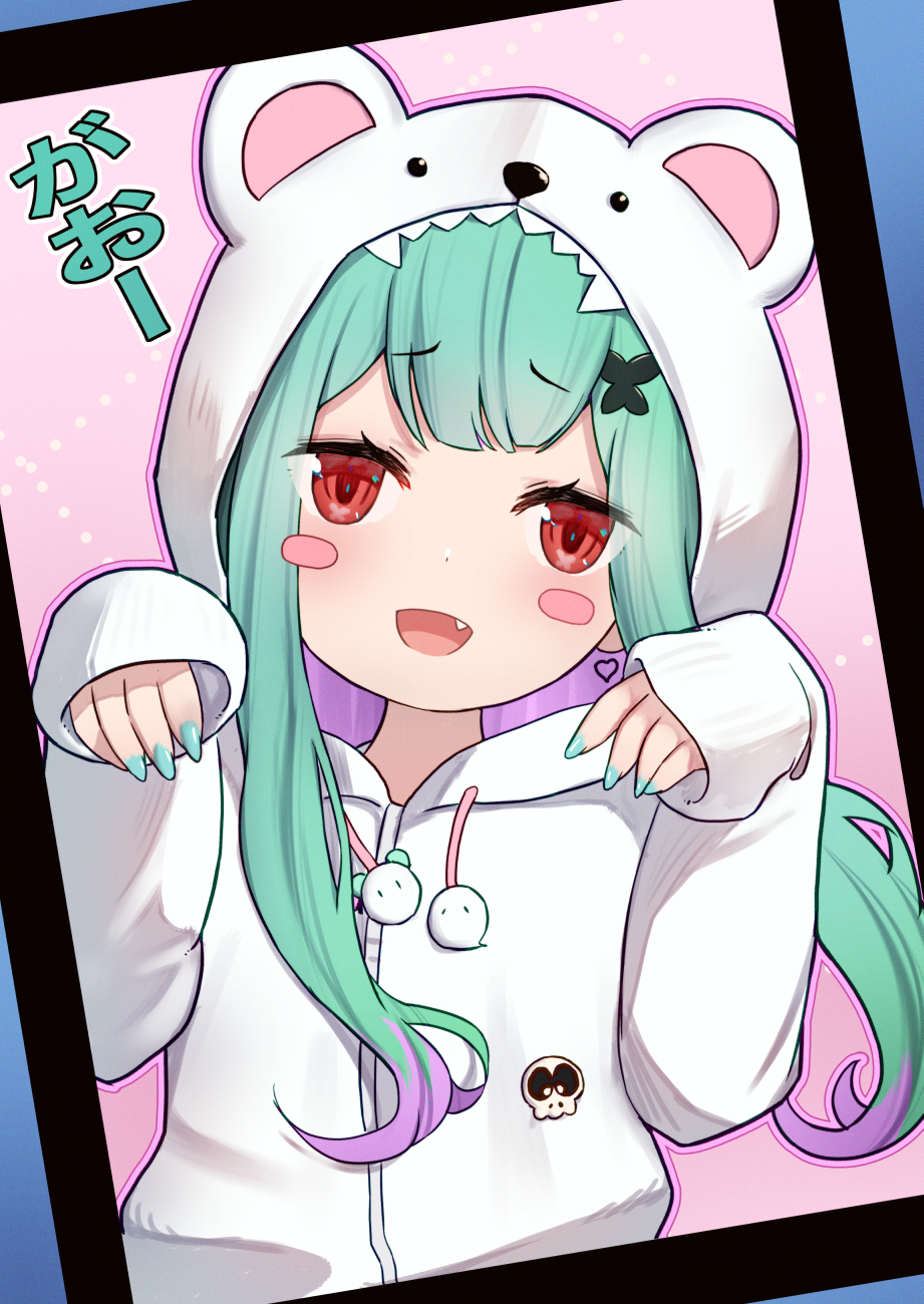 1girl :d animal_ears animal_hood bangs bear_ears bear_hood blush_stickers butterfly_hair_ornament commentary drawstring eyebrows_visible_through_hair fake_animal_ears fang green_hair green_nails hair_ornament hands_up highres hololive hood hood_up hooded_jacket jacket long_sleeves looking_at_viewer multicolored_hair nail_polish purple_hair red_eyes sleeves_past_wrists smile solo symbol-only_commentary translation_request two-tone_hair uneg upper_body uruha_rushia virtual_youtuber white_jacket