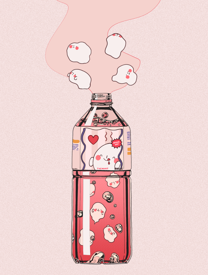 bottle bubble drink label liquid myon_(tokipi) no_humans original pink_background pink_theme simple_background smoke